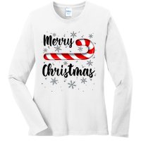 Candy Cane Merry Christmas Red And White Candy Snowflakes Ladies Long Sleeve Shirt