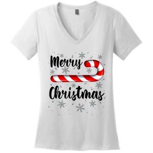 Candy Cane Merry Christmas Red And White Candy Snowflakes Women's V-Neck T-Shirt