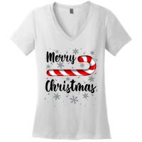 Candy Cane Merry Christmas Red And White Candy Snowflakes Women's V-Neck T-Shirt