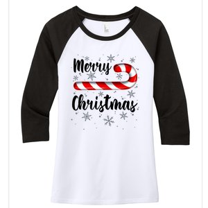 Candy Cane Merry Christmas Red And White Candy Snowflakes Women's Tri-Blend 3/4-Sleeve Raglan Shirt