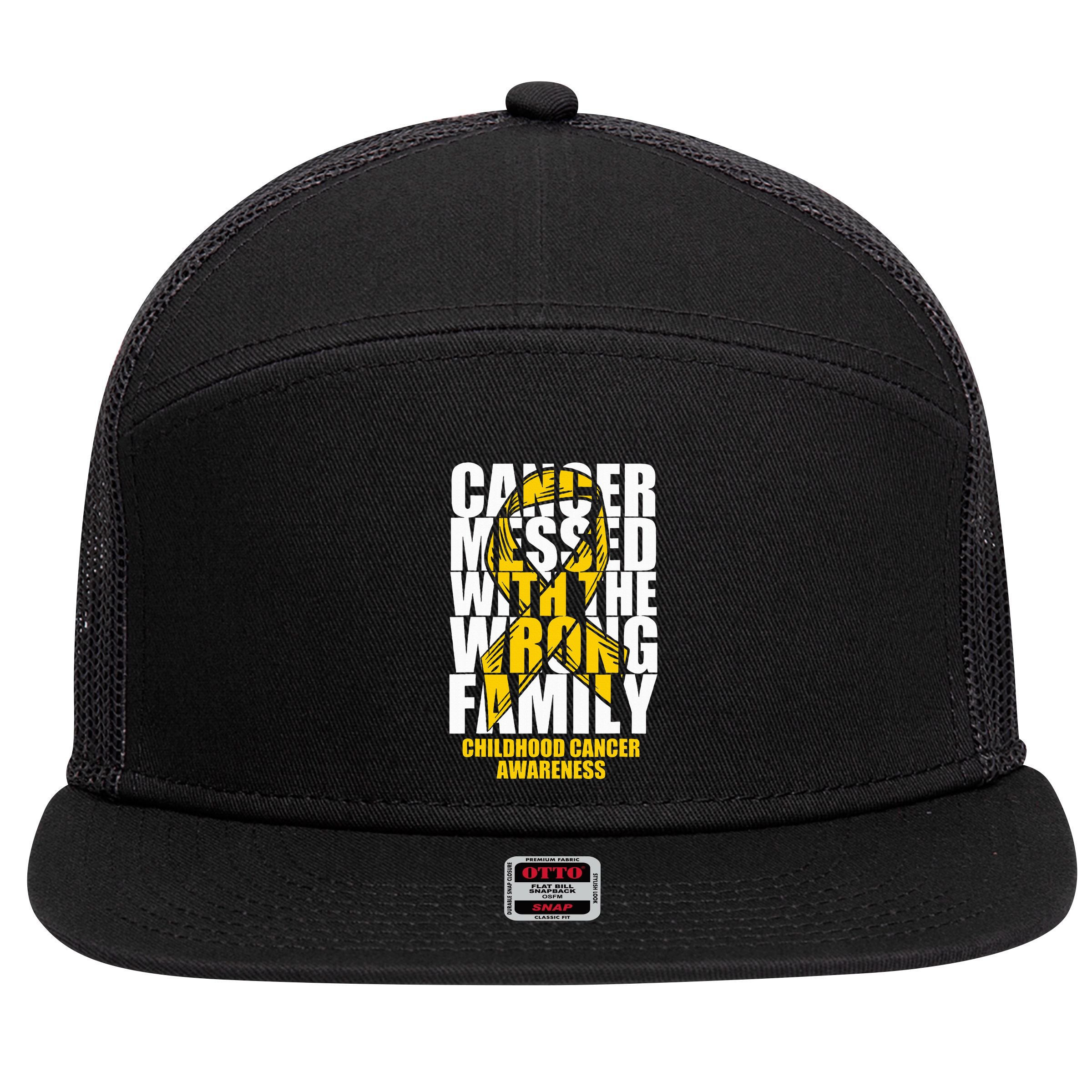Childhood Cancer Messed With The Wrong Family Ribbon Gift 7 Panel Mesh Trucker Snapback Hat