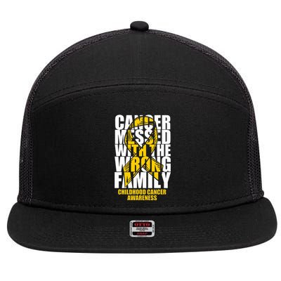 Childhood Cancer Messed With The Wrong Family Ribbon Gift 7 Panel Mesh Trucker Snapback Hat