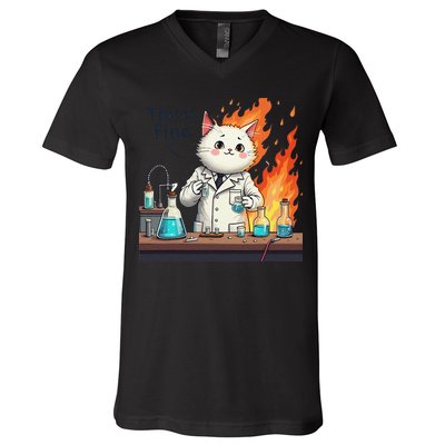 Chemistry Cat Meme This Is Fine Medical Lab Tech Lab Science V-Neck T-Shirt