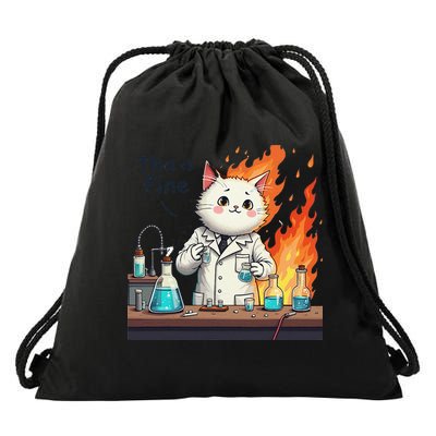 Chemistry Cat Meme This Is Fine Medical Lab Tech Lab Science Drawstring Bag
