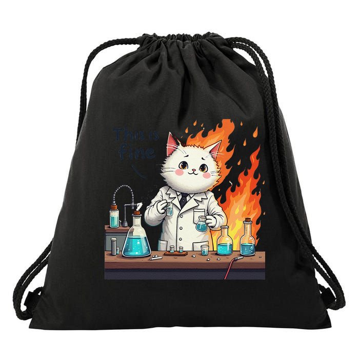 Chemistry Cat Meme This Is Fine Medical Lab Tech Lab Science Drawstring Bag