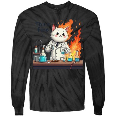 Chemistry Cat Meme This Is Fine Medical Lab Tech Lab Science Tie-Dye Long Sleeve Shirt
