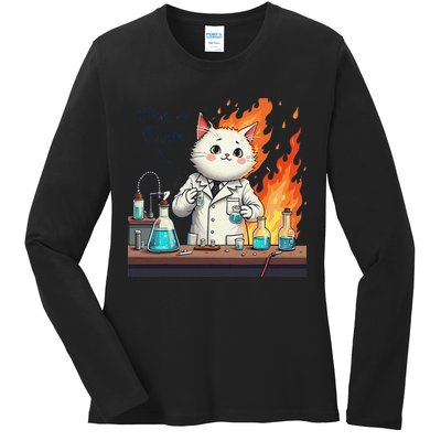 Chemistry Cat Meme This Is Fine Medical Lab Tech Lab Science Ladies Long Sleeve Shirt