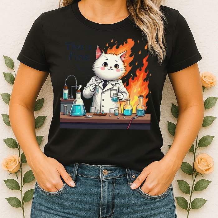 Chemistry Cat Meme This Is Fine Medical Lab Tech Lab Science Womens T-Shirt