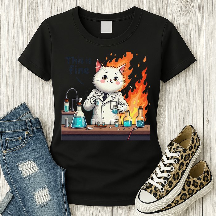 Chemistry Cat Meme This Is Fine Medical Lab Tech Lab Science Womens T-Shirt