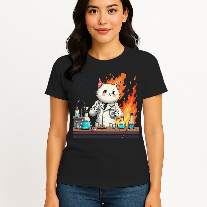 Chemistry Cat Meme This Is Fine Medical Lab Tech Lab Science Womens T-Shirt
