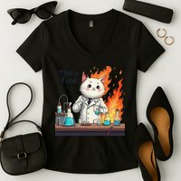 Chemistry Cat Meme This Is Fine Medical Lab Tech Lab Science Women's V-Neck T-Shirt