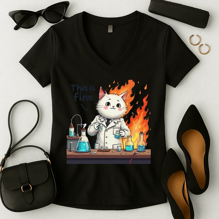 Chemistry Cat Meme This Is Fine Medical Lab Tech Lab Science Women's V-Neck T-Shirt