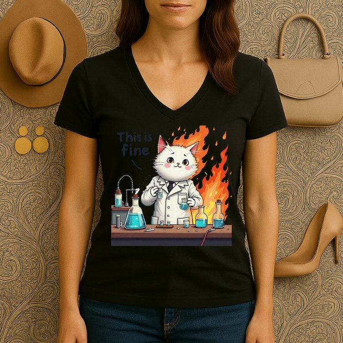 Chemistry Cat Meme This Is Fine Medical Lab Tech Lab Science Women's V-Neck T-Shirt