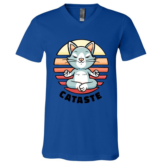 Cute Cat Meditating I Namaste Cataste Yoga Pun Funny Cat Cool Gift V-Neck T-Shirt