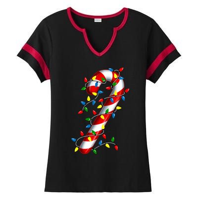 Candy Cane Merry And Bright Christmas Lights Candy Family Ladies Halftime Notch Neck Tee