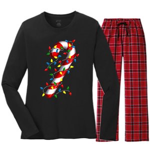 Candy Cane Merry And Bright Christmas Lights Candy Family Women's Long Sleeve Flannel Pajama Set 