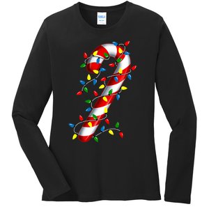 Candy Cane Merry And Bright Christmas Lights Candy Family Ladies Long Sleeve Shirt