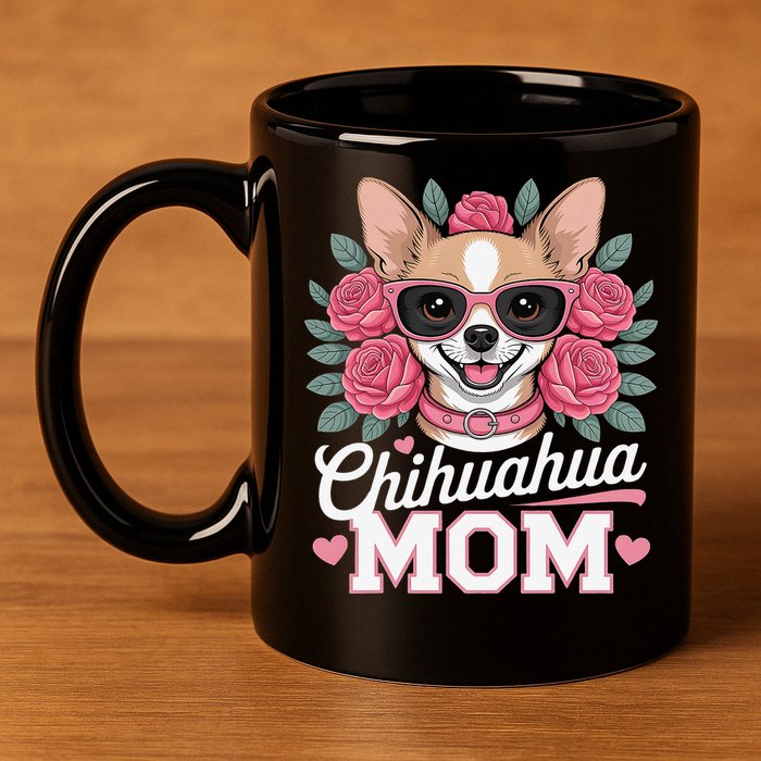 Cute Chihuahua Mom Sunglasses Flower For Chihuahua Owner 11oz C Handle Ceramic Mug