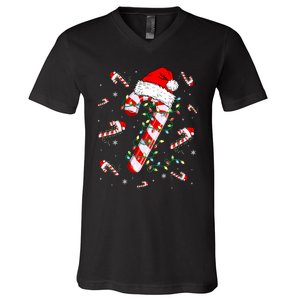 Candy Cane Merry And Bright Red White Lights Christmas V-Neck T-Shirt