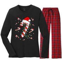 Candy Cane Merry And Bright Red White Lights Christmas Women's Long Sleeve Flannel Pajama Set 