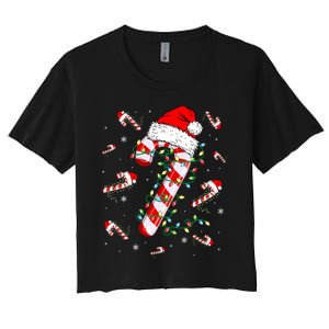 Candy Cane Merry And Bright Red White Lights Christmas Women's Crop Top Tee