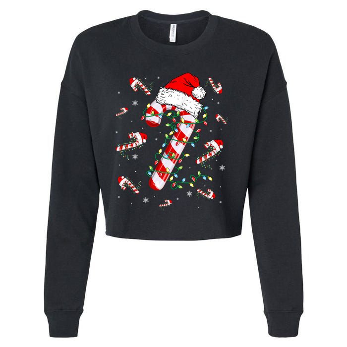 Candy Cane Merry And Bright Red White Lights Christmas Cropped Pullover Crew