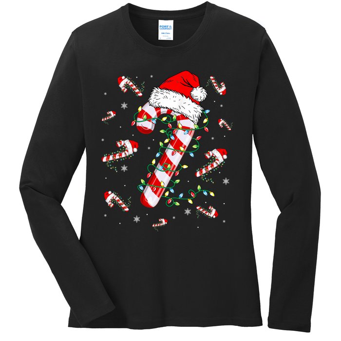 Candy Cane Merry And Bright Red White Lights Christmas Ladies Long Sleeve Shirt