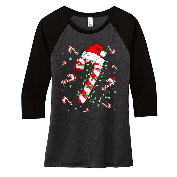 Candy Cane Merry And Bright Red White Lights Christmas Women's Tri-Blend 3/4-Sleeve Raglan Shirt