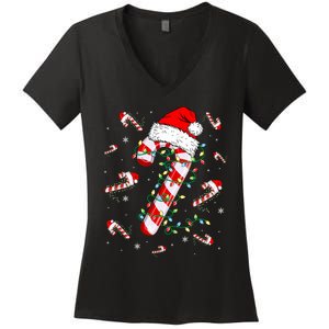 Candy Cane Merry And Bright Red White Lights Christmas Women's V-Neck T-Shirt