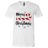 Candy Cane Merry Christmas Red And White Candy Snowflakes V-Neck T-Shirt