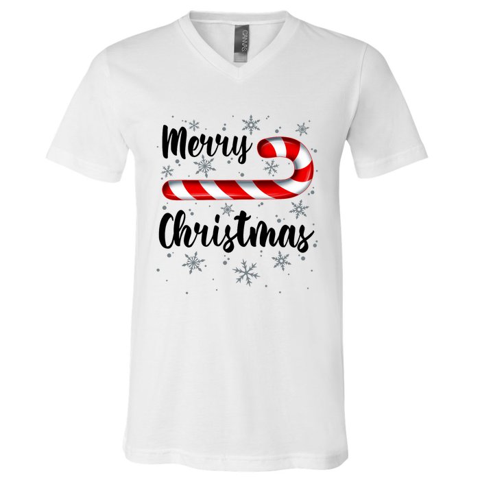 Candy Cane Merry Christmas Red And White Candy Snowflakes V-Neck T-Shirt