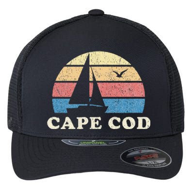 Cape Cod MA Vintage Sailboat 70s Throwback Sunset Flexfit Unipanel Trucker Cap