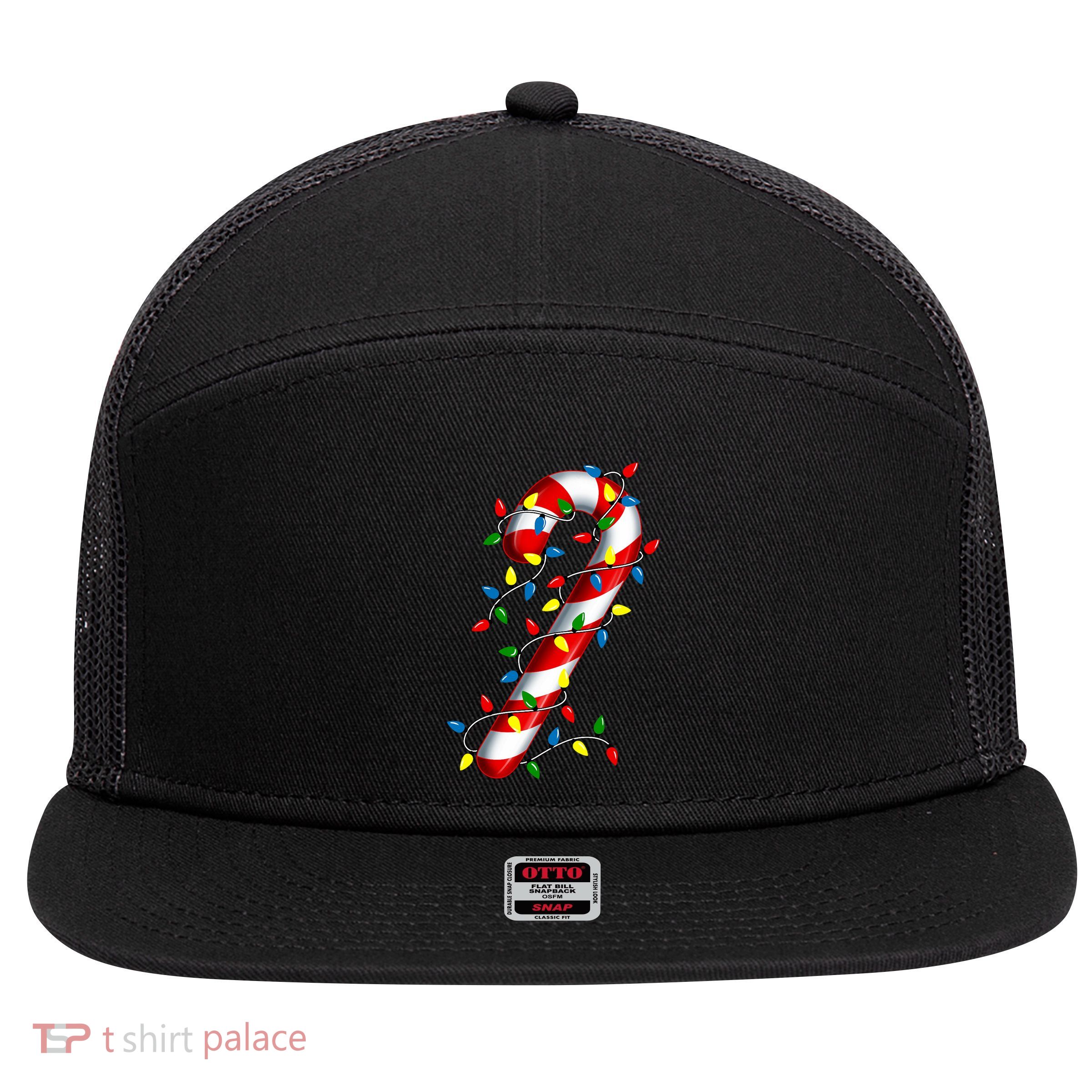 Candy Cane Merry And Bright Christmas Lights Candy Costume 7 Panel Mesh Trucker Snapback Hat