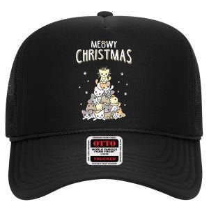 Cat Christmas Meow Christmas High Crown Mesh Back Trucker Hat