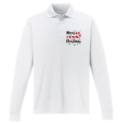 Candy Cane Merry Christmas Red And White Candy Snowflakes Raglan Baseball Performance Long Sleeve Polo