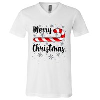 Candy Cane Merry Christmas Red And White Candy Snowflakes Raglan Baseball V-Neck T-Shirt