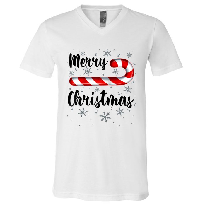 Candy Cane Merry Christmas Red And White Candy Snowflakes Raglan Baseball V-Neck T-Shirt