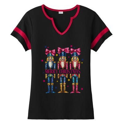 Cute Coquette Nutcracker Squad Merry Christmas Pajama Ladies Halftime Notch Neck Tee