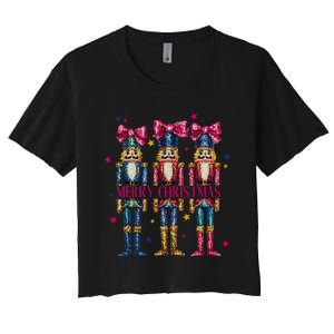 Cute Coquette Nutcracker Squad Merry Christmas Pajama Women's Crop Top Tee