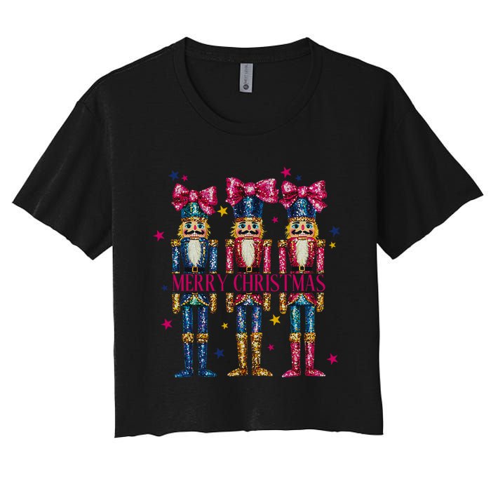 Cute Coquette Nutcracker Squad Merry Christmas Pajama Women's Crop Top Tee