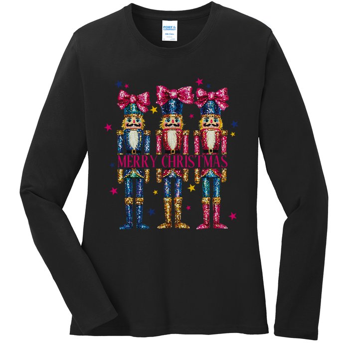 Cute Coquette Nutcracker Squad Merry Christmas Pajama Ladies Long Sleeve Shirt