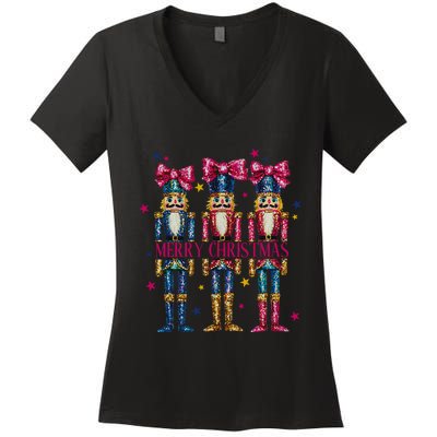 Cute Coquette Nutcracker Squad Merry Christmas Pajama Women's V-Neck T-Shirt