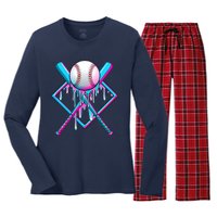 Cool Cute Neon Paint Baseball Bat Ball Diamond Women's Long Sleeve Flannel Pajama Set 