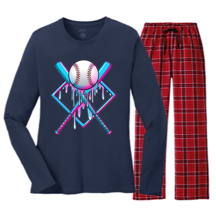 Cool Cute Neon Paint Baseball Bat Ball Diamond Women's Long Sleeve Flannel Pajama Set 