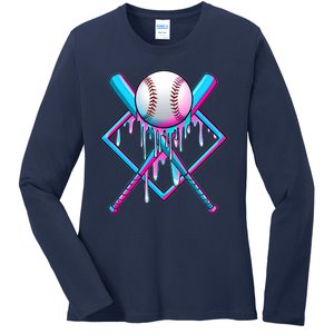 Cool Cute Neon Paint Baseball Bat Ball Diamond Ladies Long Sleeve Shirt