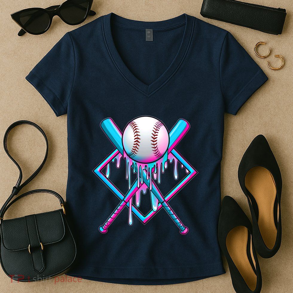 Cool Cute Neon Paint Baseball Bat Ball Diamond Women's V-Neck T-Shirt