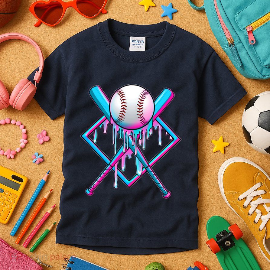 Cool Cute Neon Paint Baseball Bat Ball Diamond Kids T-Shirt