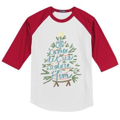 Christian Christ Nativity Christmas Oh Come Let Us Adore Him Great Gift Kids Colorblock Raglan Jersey