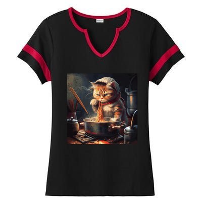 Cat Cooking Noodles Gift Ladies Halftime Notch Neck Tee