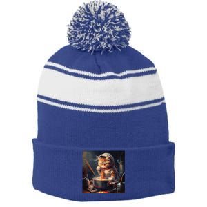 Cat Cooking Noodles Gift Stripe Pom Pom Beanie